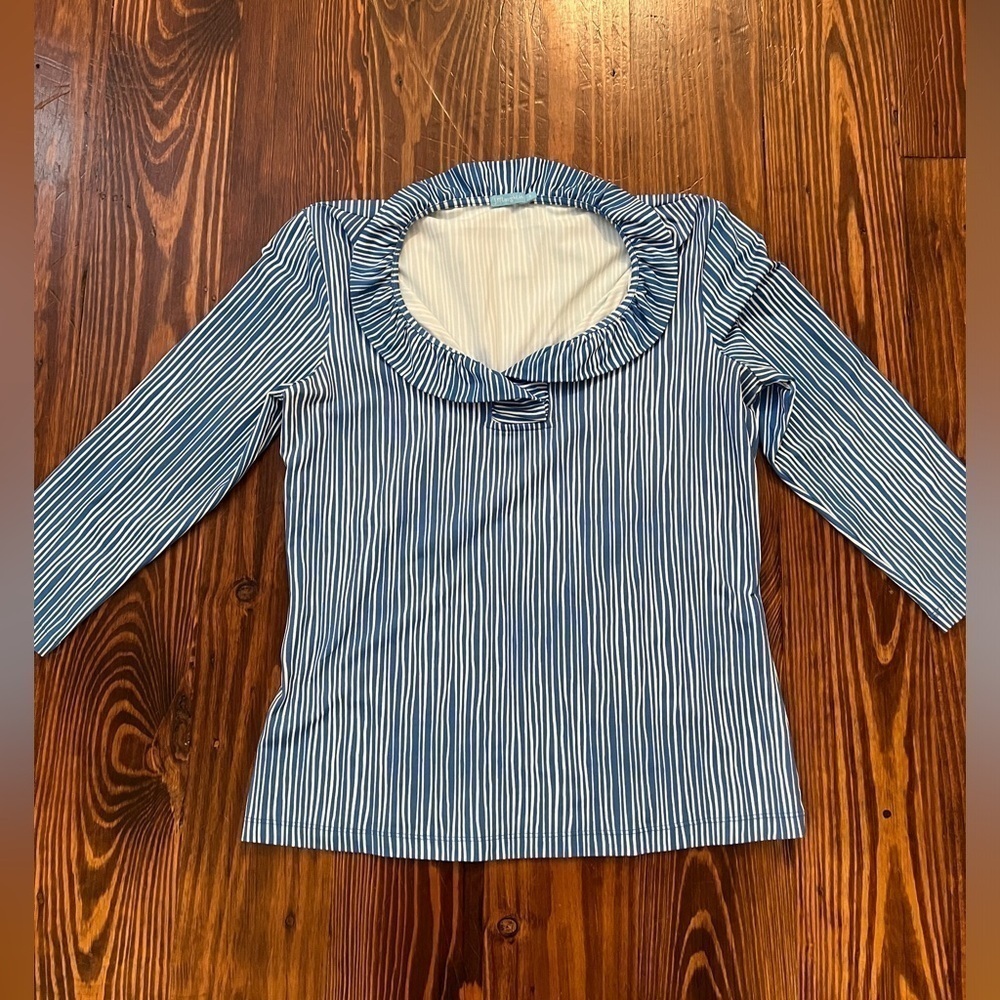J. MCLAUGHLIN Durham Blue and White Ruffle Top 3/4 Sleeve Stretch - Picture 3 of 6